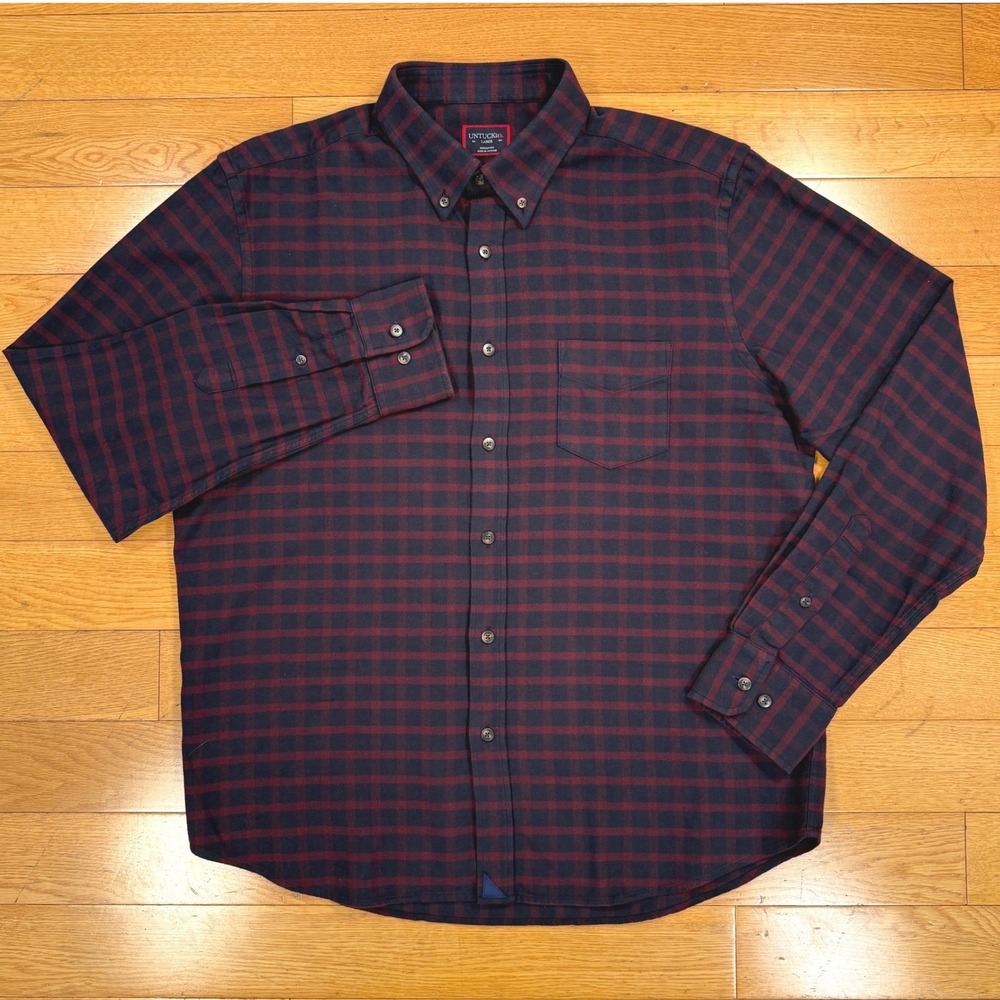 UNTUCKit Rully Navy Burgundy Plaid Flannel Shirt Mens Large Reg Fit - Picture 2 of 7